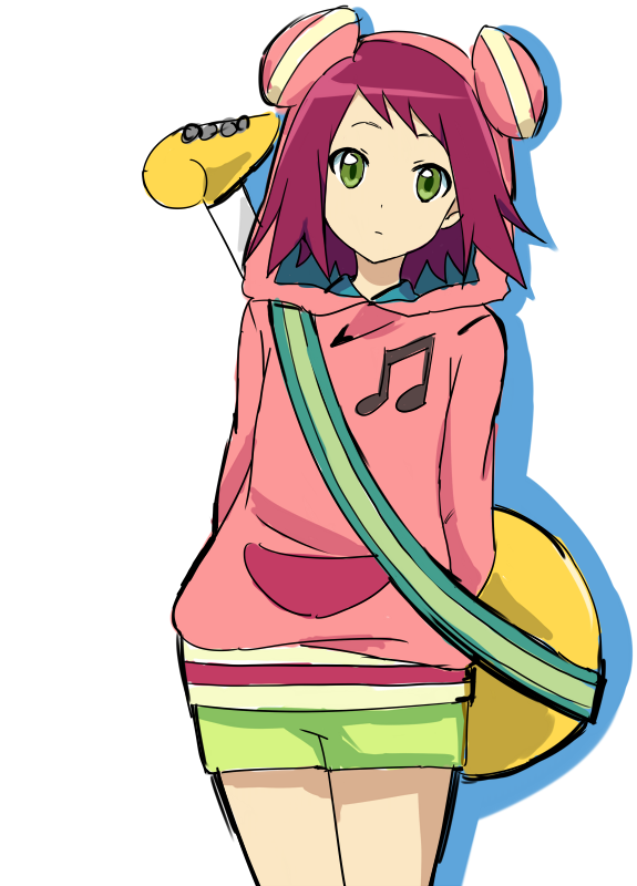 1girl closed_mouth green_eyes guitar harp hood hood_up hoodie instrument long_sleeves looking_at_viewer mega_man_(series) mega_man_star_force musical_note pink_hoodie purple_hair short_hair shorts simple_background solo sonia_strumm_(mega_man) tsukikage_oyama white_background