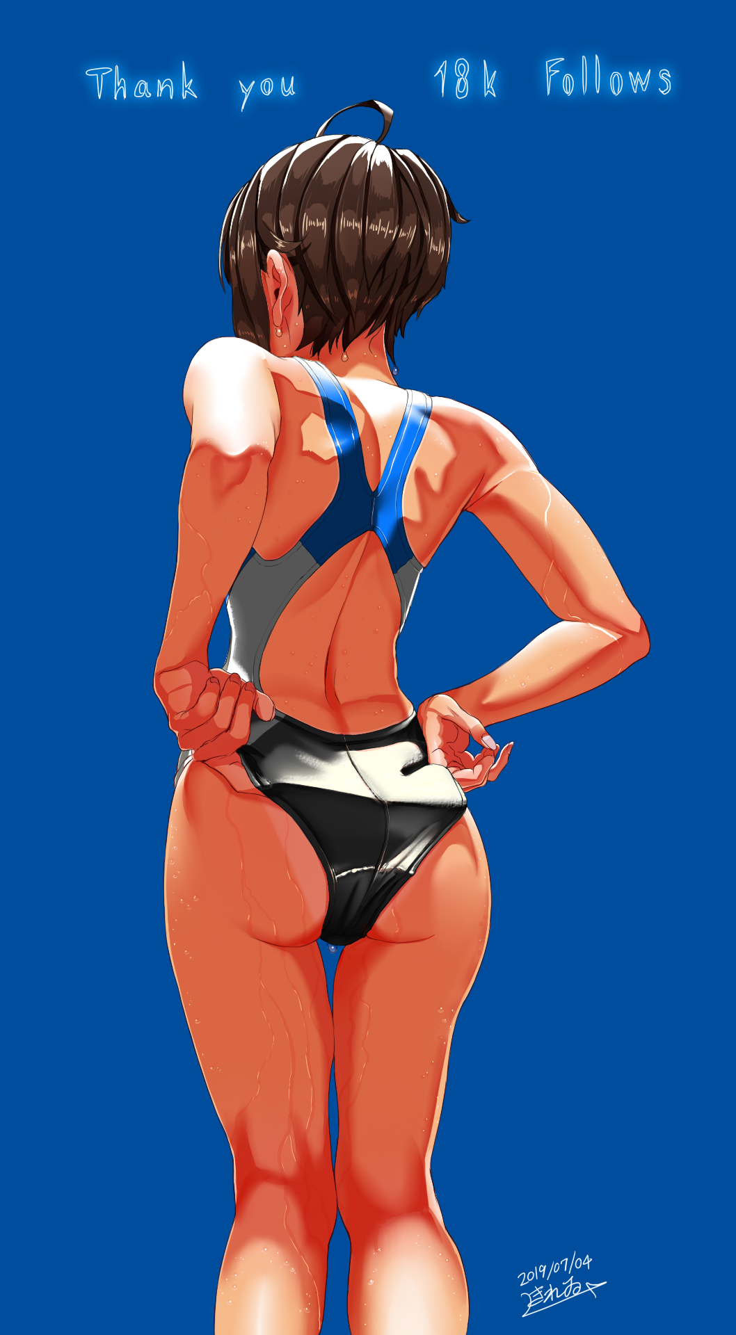 1girl adjusting_clothes adjusting_swimsuit ahoge artist_name ass back_cutout black_hair black_one-piece_swimsuit blue_background clothing_cutout competition_swimsuit dated english_text facing_away from_behind highres kilesha milestone_celebration one-piece_swimsuit original short_hair signature simple_background solo standing swimsuit tan tanlines thigh_gap wet