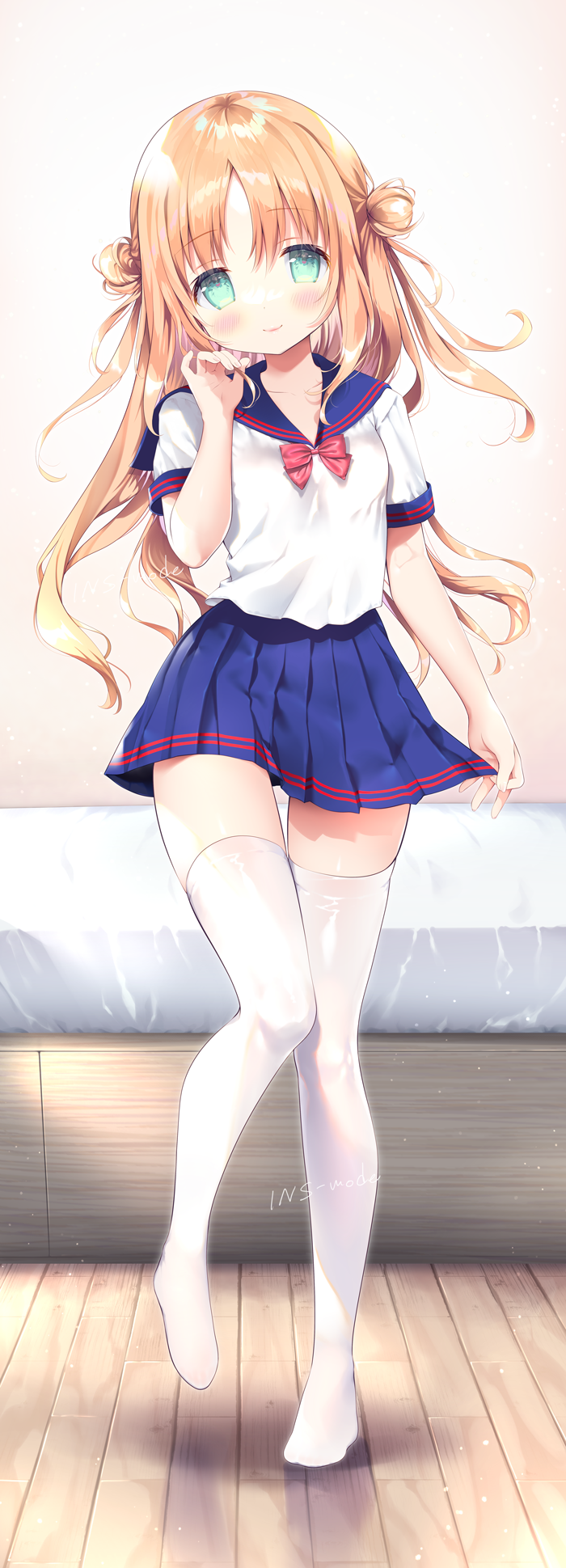 1girl amanagi_seiji bangs bed blue_sailor_collar blue_skirt blush bow breasts closed_mouth collarbone commentary_request double_bun green_eyes hair_bun hand_up head_tilt highres long_hair looking_at_viewer no_shoes original parted_bangs pleated_skirt red_bow sailor_collar school_uniform serafuku shirt short_sleeves signature skirt small_breasts smile solo standing standing_on_one_leg thigh-highs very_long_hair white_shirt white_thighhighs wooden_floor