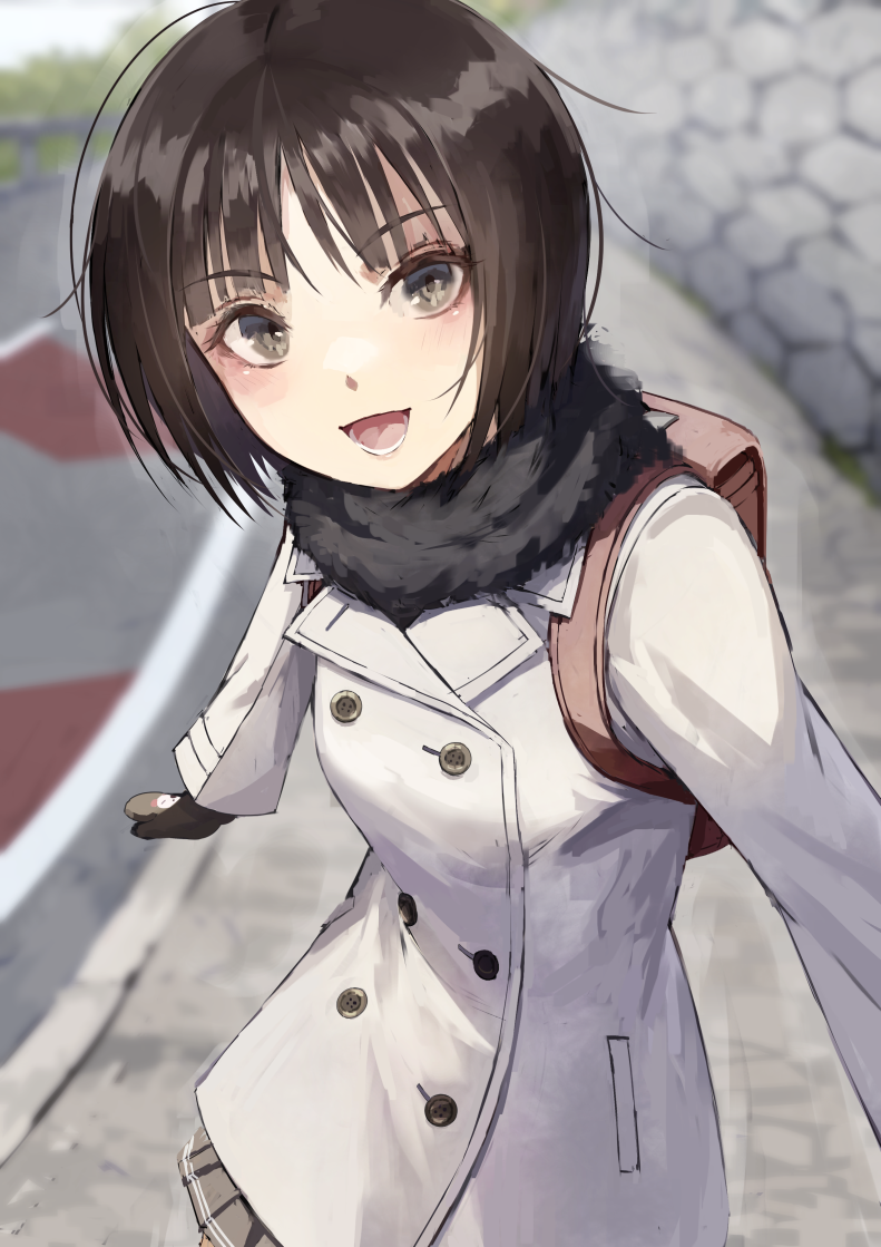 1girl :d a-pose amagami backpack bag bangs black_mittens black_scarf black_skirt blurry blurry_background blush bob_cut brown_eyes brown_hair buttons coat commentary cowboy_shot depth_of_field double-breasted fagi_(kakikaki) foreshortening fur_scarf hair_strand long_sleeves looking_at_viewer open_mouth outdoors pleated_skirt road scarf school_bag short_hair skirt smile solo stone_wall tachibana_miya wall white_coat