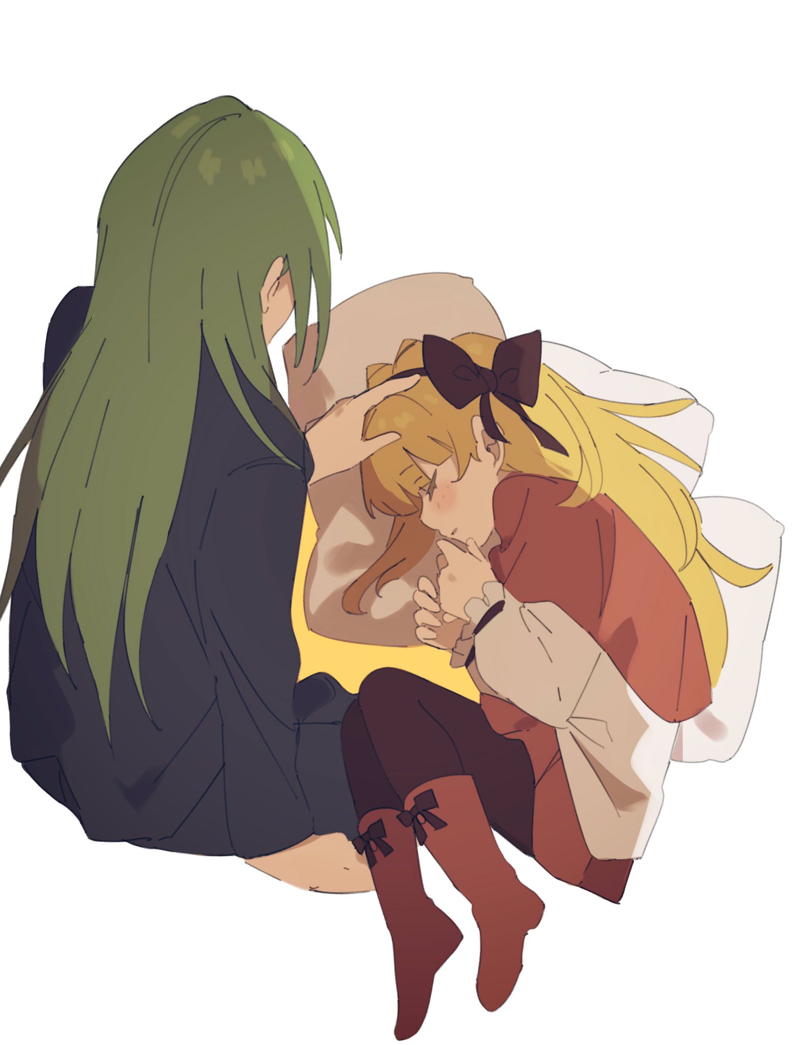 1boy 1girl bangs black_jacket black_pants blonde_hair boots bow bow_hairband brown_hairband brown_pantyhose capelet closed_eyes cropped_legs facing_away footwear_bow full_body green_hair hairband headpat highres jacket lobotomy_corporation long_hair lying mu46016419 netzach_(project_moon) on_side orange_capelet orange_footwear orange_skirt pants pantyhose pillow project_moon shirt simple_background skirt sleeping tiphereth_a_(project_moon) white_background white_shirt