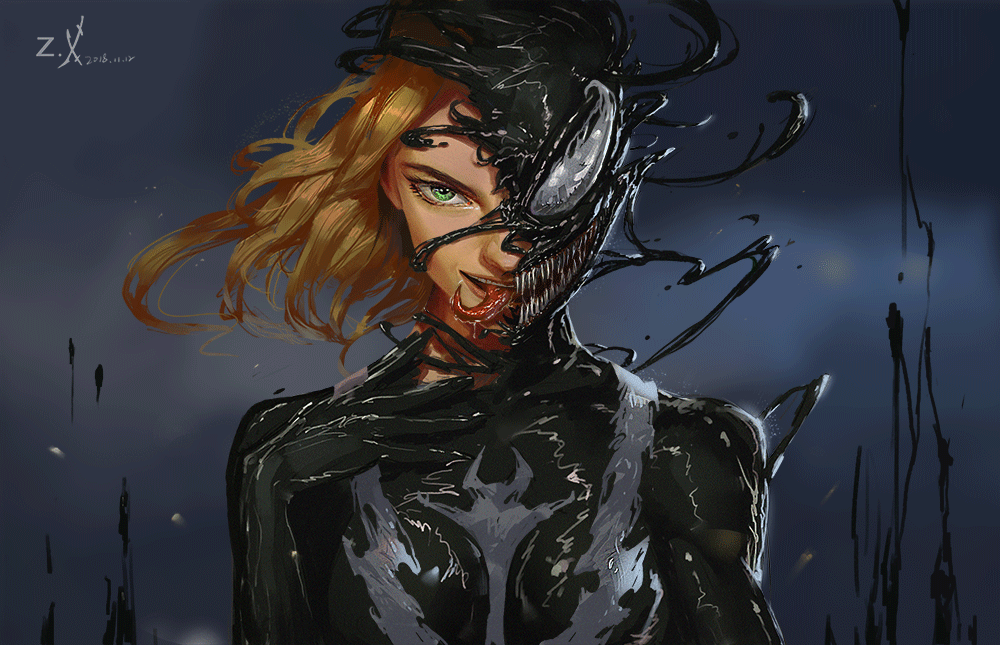 1girl animated animated_gif black_bodysuit blonde_hair bodysuit dated green_eyes grey_background gwen_stacy hand_on_own_chest long_tongue looking_at_viewer marvel medium_hair mont_stone saliva smile solo spider-man_(series) symbiote teeth tongue tongue_out upper_body venom_(marvel)