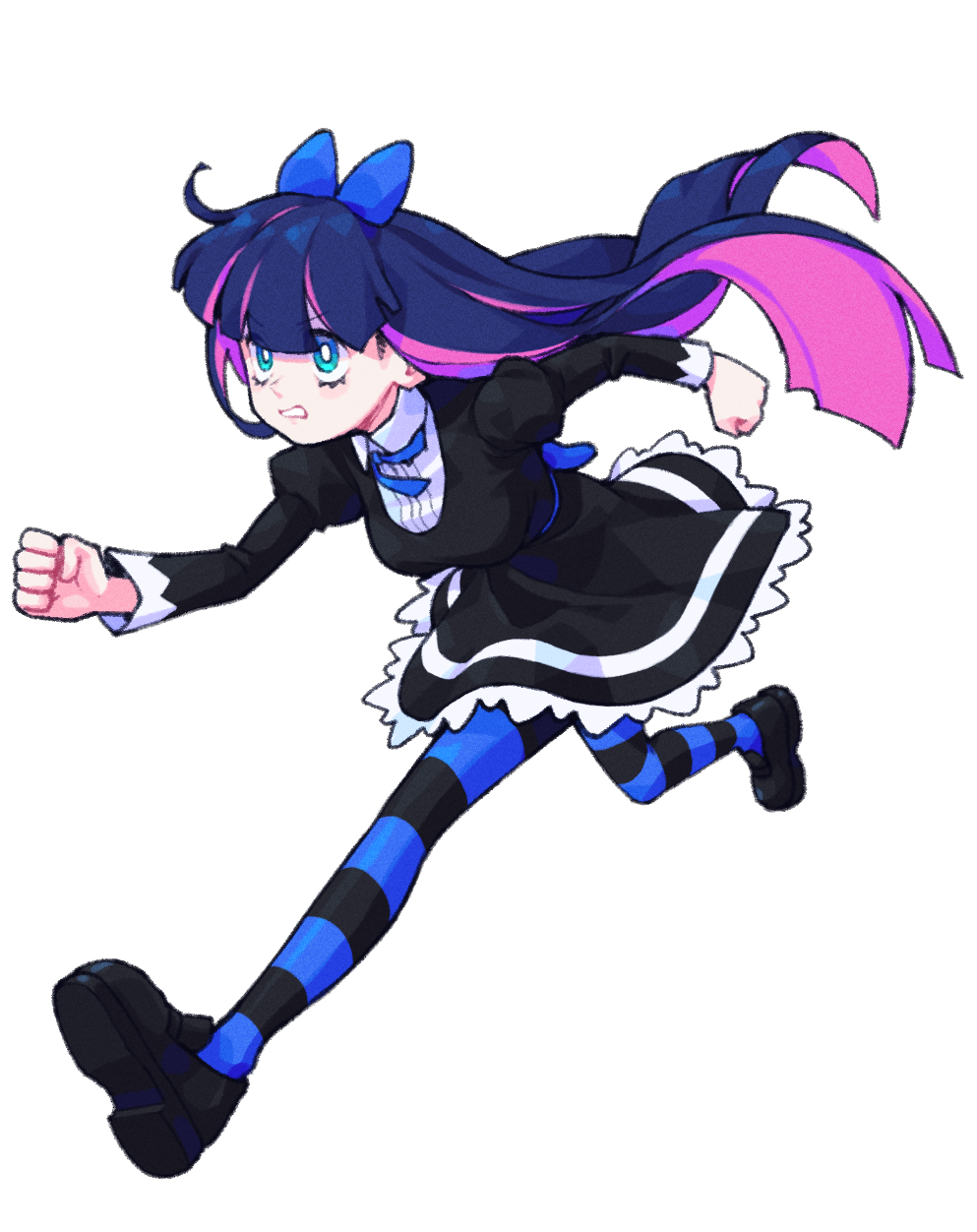 1girl aqua_eyes black_dress black_footwear black_thighhighs blue_bow blue_hair blue_ribbon blue_thighhighs bow bright_pupils chuo8008 clenched_hands clenched_teeth dark_blue_hair dress eyelashes film_grain hair_bow highres multicolored_hair panty_&amp;_stocking_with_garterbelt parted_lips pink_hair ribbon running simple_background solo stocking_(psg) striped striped_thighhighs teeth thigh-highs two-tone_hair white_background white_pupils