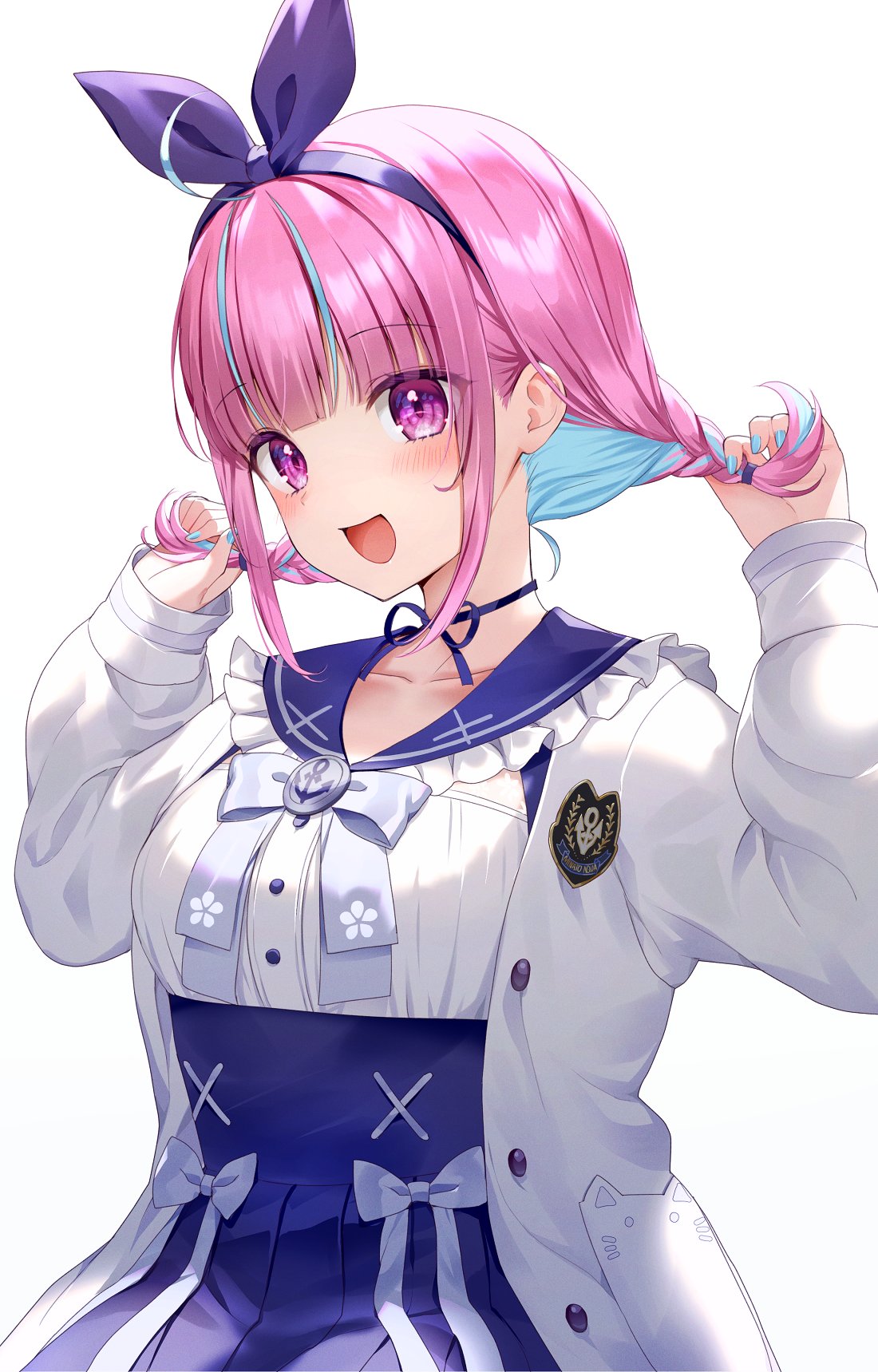 1girl :d ahoge anchor_symbol bangs blue_hair blue_nails blue_ribbon blue_skirt blunt_bangs blush bow braid breasts choker collarbone colored_inner_hair frilled_sailor_collar frills hair_ribbon hairband hands_up high-waist_skirt highres holding holding_hair hololive jacket large_breasts long_sleeves looking_at_viewer minato_aqua momoshiki_tsubaki multicolored_hair open_clothes open_jacket open_mouth pink_hair pleated_skirt puffy_long_sleeves puffy_sleeves ribbon sailor_collar school_uniform serafuku sidelocks skirt smile solo streaked_hair twin_braids two-tone_hair upper_body violet_eyes virtual_youtuber white_background white_bow white_jacket