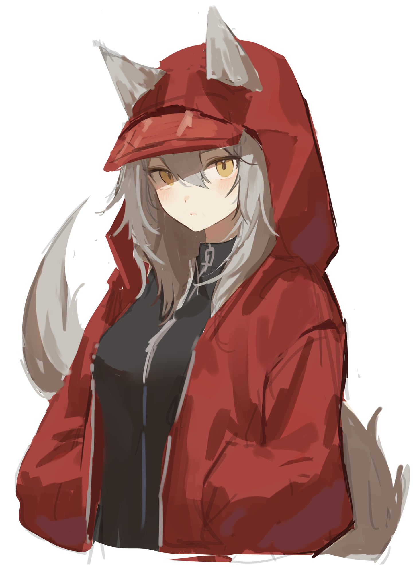 1girl animal_ears arknights black_one-piece_swimsuit blush breasts casual_one-piece_swimsuit cropped_torso ears_through_headwear grey_hair hair_between_eyes hands_in_pockets highres hood hood_up hooded_jacket jacket long_hair nagute one-piece_swimsuit projekt_red_(arknights) projekt_red_(light_breeze)_(arknights) red_jacket simple_background small_breasts solo swimsuit tail upper_body white_background wolf_ears wolf_girl wolf_tail yellow_eyes