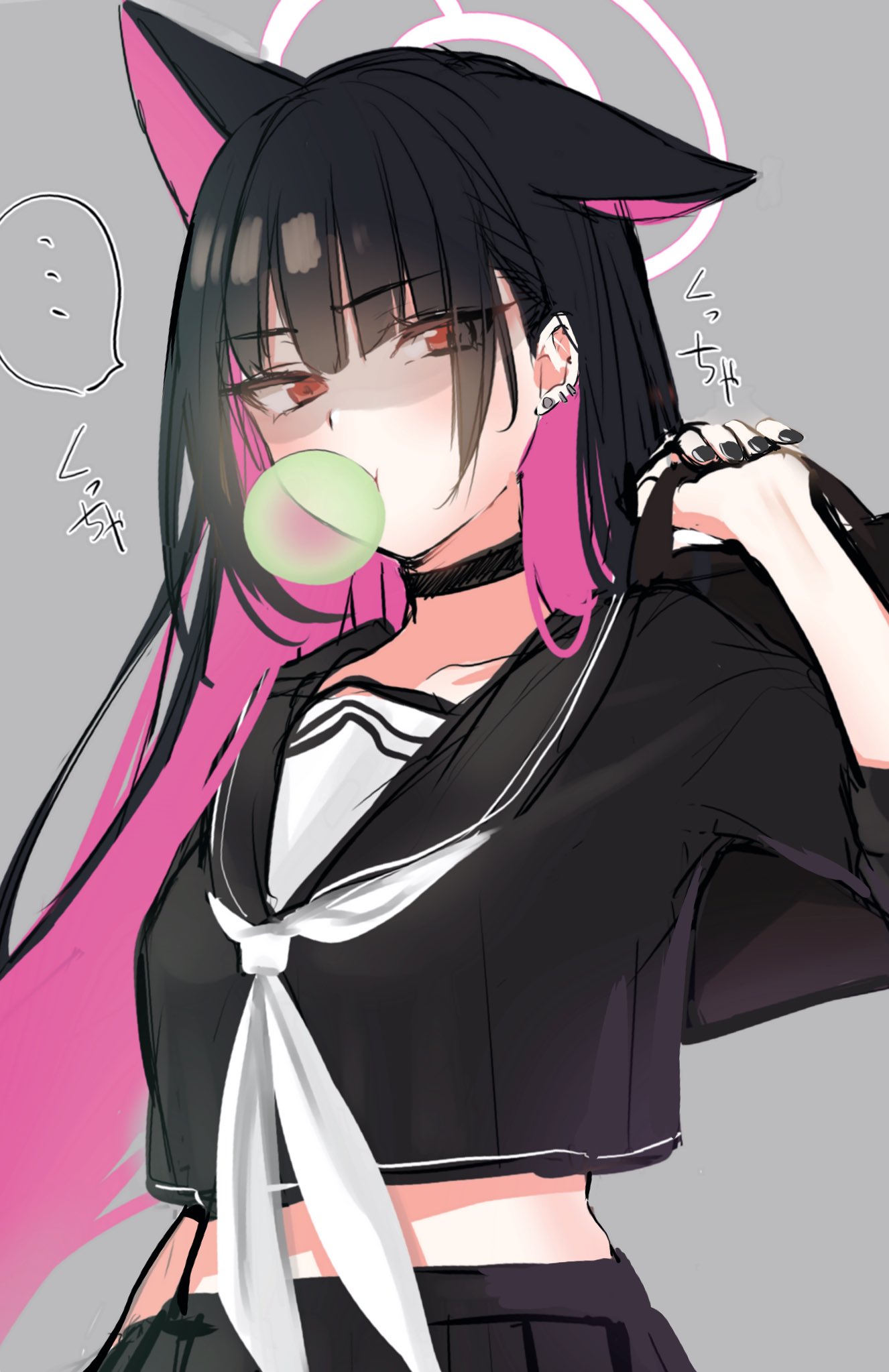 ... 1girl alternate_hair_length alternate_hairstyle animal_ears bag bangs black_choker black_hair black_nails black_skirt blue_archive breasts bubble_blowing choker crop_top ear_piercing emirio_(emirio110) grey_background halo highres holding holding_bag kazusa_(blue_archive) long_hair looking_at_viewer multicolored_hair nail_polish neckerchief piercing pink_hair pleated_skirt red_eyes sailor_collar school_uniform serafuku simple_background skirt solo spoken_ellipsis two-tone_hair very_long_hair white_neckerchief