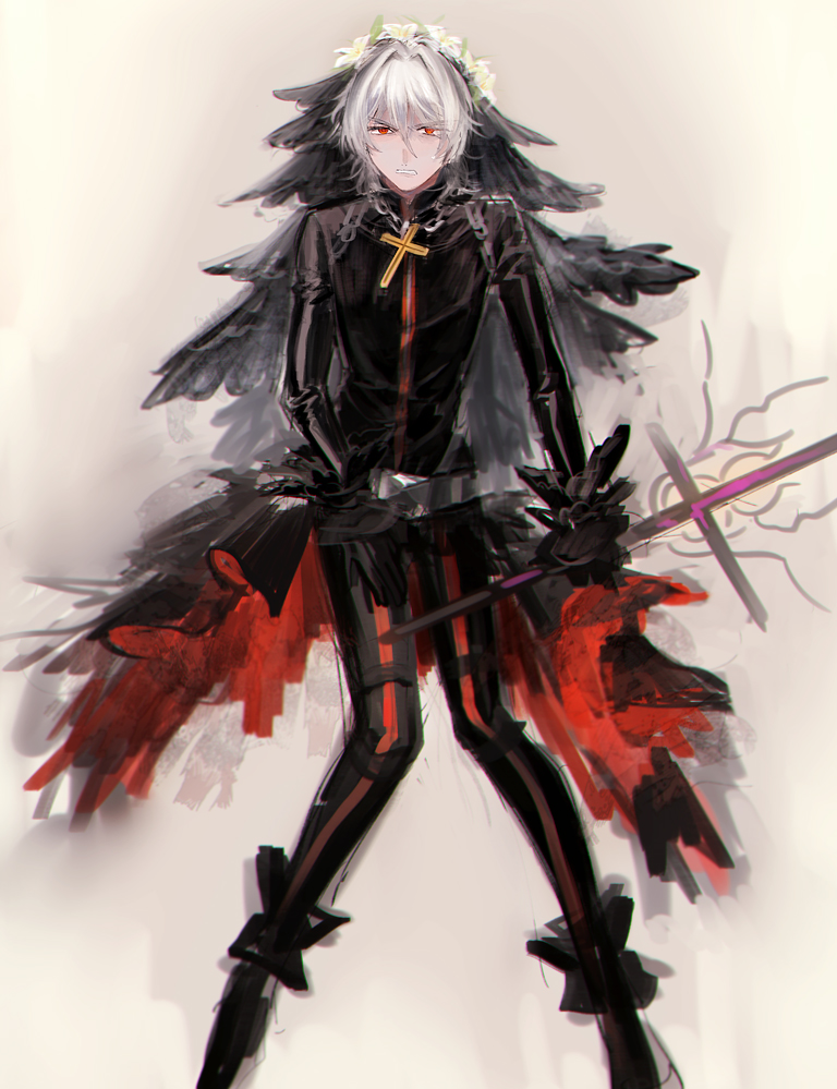 adapted_costume alternate_color ane_am antonio_salieri_(fate) antonio_salieri_(second_ascension)_(fate) black_bodysuit bodysuit bridal_veil chain clenched_teeth cosplay cross cross_necklace fate/extra fate/extra_ccc fate/grand_order fate_(series) flower hair_between_eyes hair_intakes holding holding_sword holding_weapon jewelry knees_together_feet_apart looking_at_viewer necklace nero_claudius_(bride)_(fate) nero_claudius_(bride)_(fate)_(cosplay) nero_claudius_(fate) red_eyes short_hair solo sweat sword teeth veil weapon white_flower