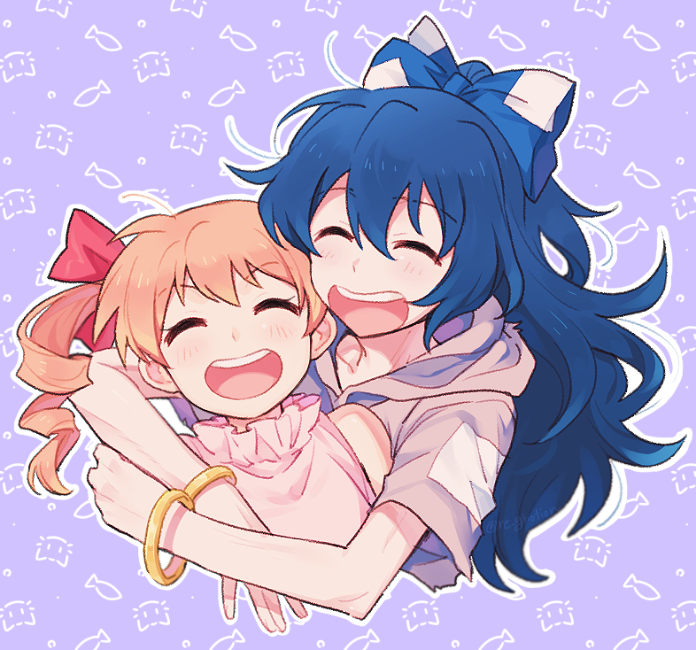 2girls bangle bangs blue_bow blue_hair blush bow bracelet closed_eyes commentary_request drill_hair grey_hoodie hair_ribbon happy hood hoodie hug jewelry long_hair multiple_girls open_mouth orange_hair re_ghotion red_ribbon ribbon short_sleeves siblings sisters teeth touhou upper_teeth yorigami_jo'on yorigami_shion