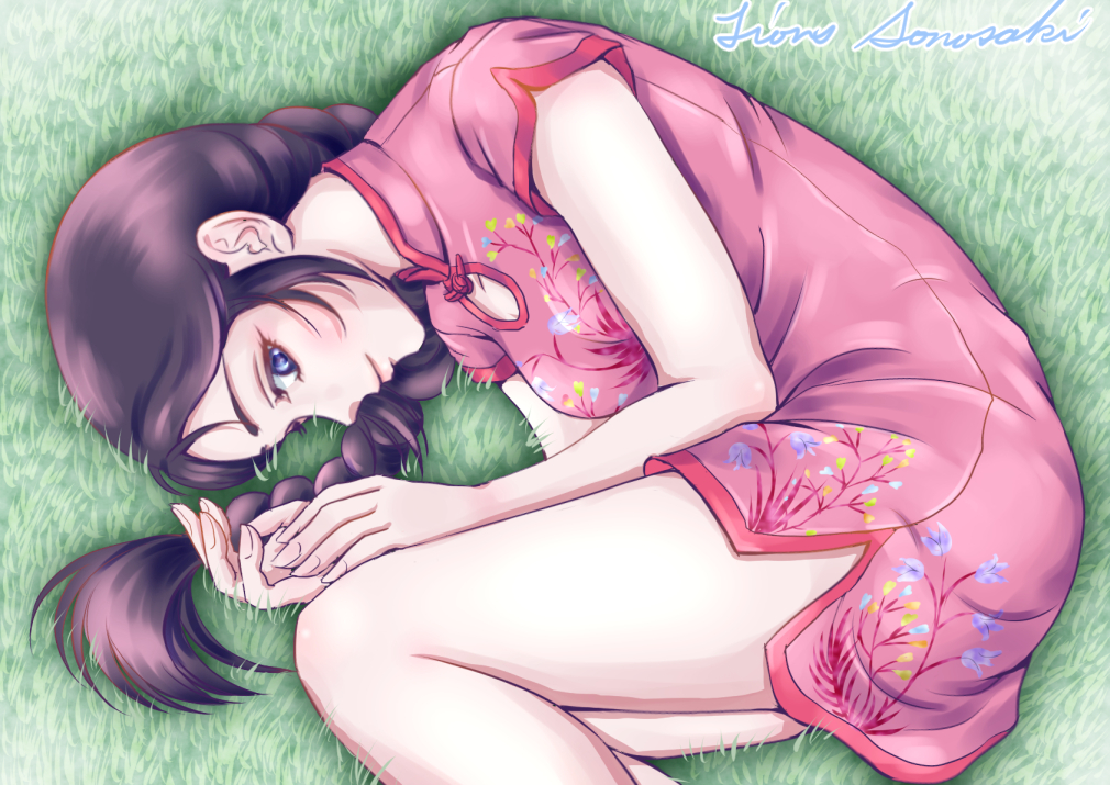 1girl black_eyes black_hair braid braided_ponytail breasts china_dress china_minidress chinese_clothes dress fetal_position glance grass kurumada_masami_(style) long_hair lying on_side outdoors pink_dress saint_seiya short_dress shunrei sidelocks smile solo sonosaki888