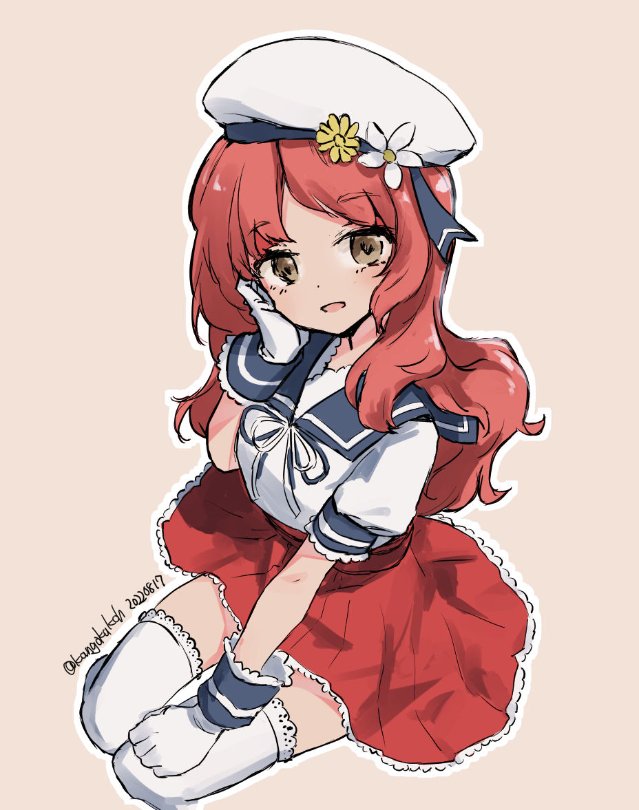 1girl blue_sailor_collar brown_eyes brown_hair frilled_thighhighs frills gloves hand_on_own_face hat hip_vent kangoku_kou kantai_collection long_hair one-hour_drawing_challenge pleated_skirt puffy_short_sleeves puffy_sleeves red_skirt sailor_collar sailor_hat sailor_shirt shirt short_sleeves skirt solo thigh-highs wavy_hair white_gloves white_headwear white_shirt white_thighhighs yashiro_(kancolle)