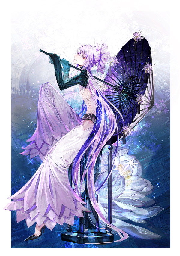 1boy androgynous bishounen border closed_mouth clothing_request facing_to_the_side flower high_heels long_hair long_sleeves looking_at_viewer male_focus mura_karuki original purple_flower purple_hair purple_theme smile solo umbrella very_long_hair violet_eyes white_border