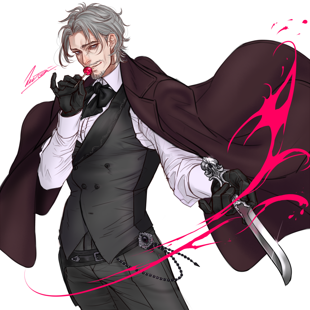 1boy belt black_bow black_bowtie black_pants black_vest blood blue_eyes bow bowtie brown_cape candy cape facial_hair food glint grey_hair holding holding_knife knife lollipop male_focus mature_male meisai mustache old old_man original pants pink_blood simple_background slashing solo standing vest white_background