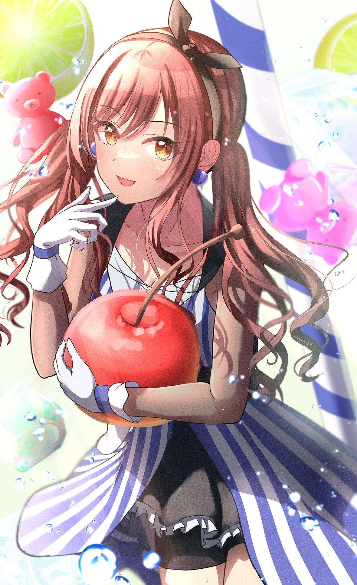 1girl air_bubble bangs bike_shorts_under_skirt blue_dress blush bubble cherry citrusmikan dress drinking_straw earrings finger_to_mouth food fruit gloves gummy_bear hair_ribbon hairband hand_up highres holding holding_food holding_fruit idolmaster idolmaster_shiny_colors jewelry lime_(fruit) long_hair looking_at_viewer official_alternate_costume official_alternate_hairstyle open_mouth osaki_amana oversized_food redhead ribbon smile solo striped striped_dress swept_bangs twintails vertical-striped_dress vertical_stripes wavy_hair white_gloves yellow_eyes
