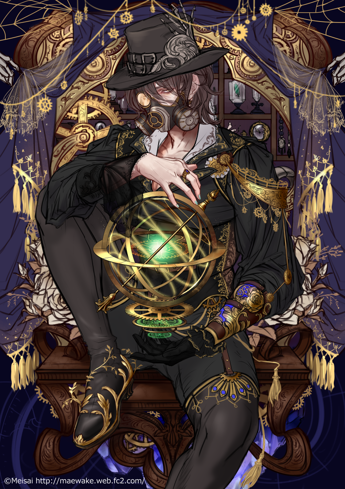 1boy artist_name black_gloves black_headwear black_pants black_shirt boots brown_hair gas_mask gears gloves gold_trim jewelry knee_boots long_sleeves mask mature_male medium_hair meisai monocle old old_man original pants ring shirt sitting skeletal_hand solo steampunk web_address