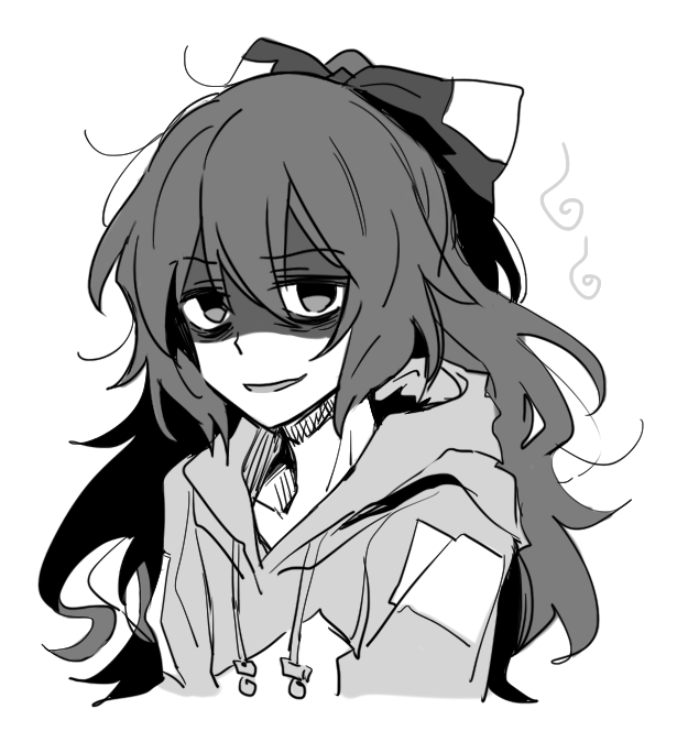 1girl bangs bow commentary_request debt eyes_visible_through_hair greyscale hair_between_eyes hood hoodie long_hair looking_at_viewer monochrome open_mouth re_ghotion shaded_face short_sleeves simple_background smile solo touhou upper_body white_background yorigami_shion