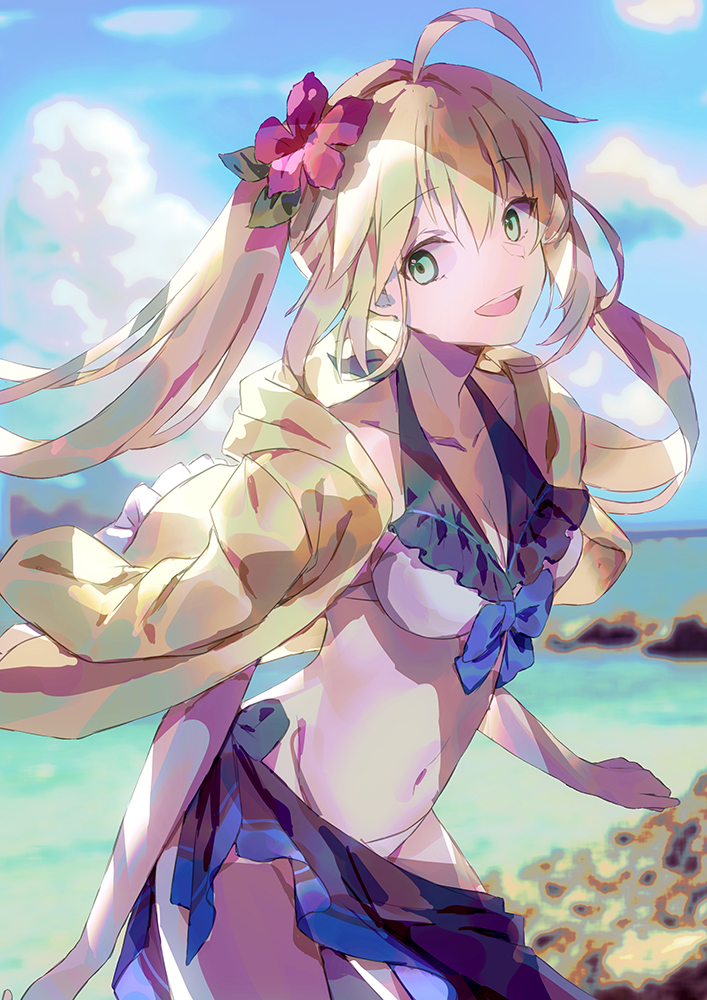 1girl ahoge artoria_caster_(fate) artoria_pendragon_(fate) bangs bare_shoulders bikini blonde_hair blue_bow blue_sky blush bow breasts clouds cloudy_sky emoillu fate/grand_order fate_(series) flower green_eyes hair_between_eyes hair_flower hair_ornament long_hair looking_at_viewer ocean open_mouth pink_flower sky small_breasts smile solo standing stone sweater swimsuit teeth twintails white_bikini yellow_sweater