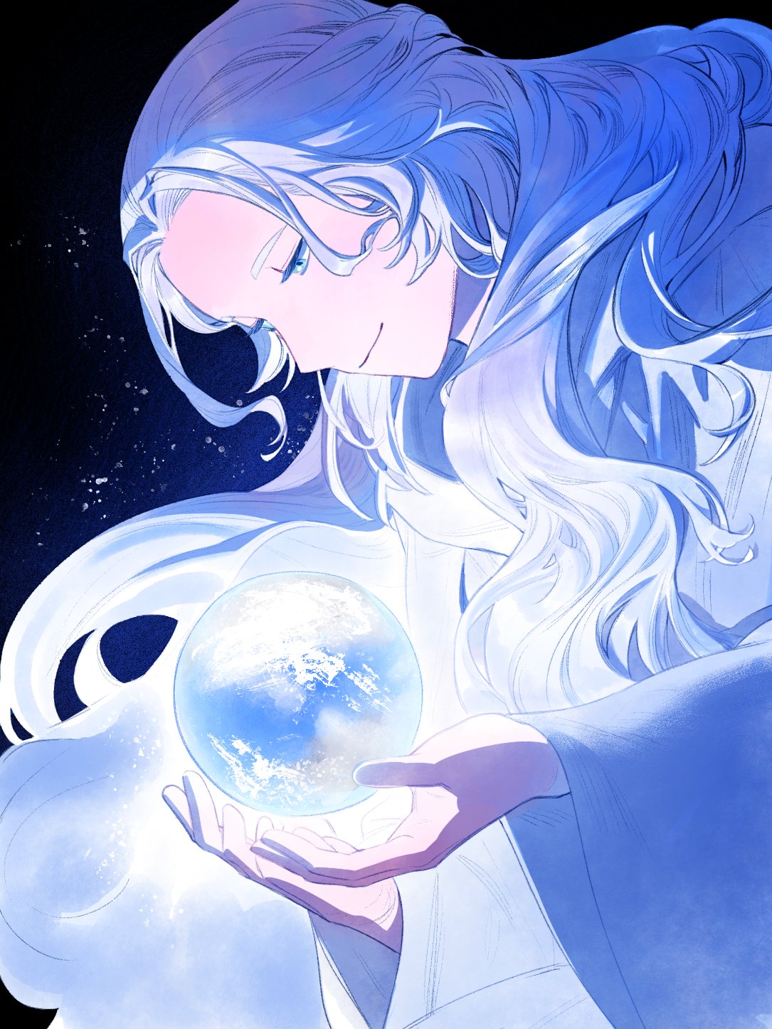 1girl blue_eyes final_fantasy final_fantasy_xiv floating floating_object from_side giant giantess half-closed_eyes half_updo hands_up highres long_hair long_sleeves looking_at_object looking_down planet robe sky smile snsstk1 solo space star_(sky) starry_sky upper_body venat_(ff14) wavy_hair white_hair white_robe wide_sleeves