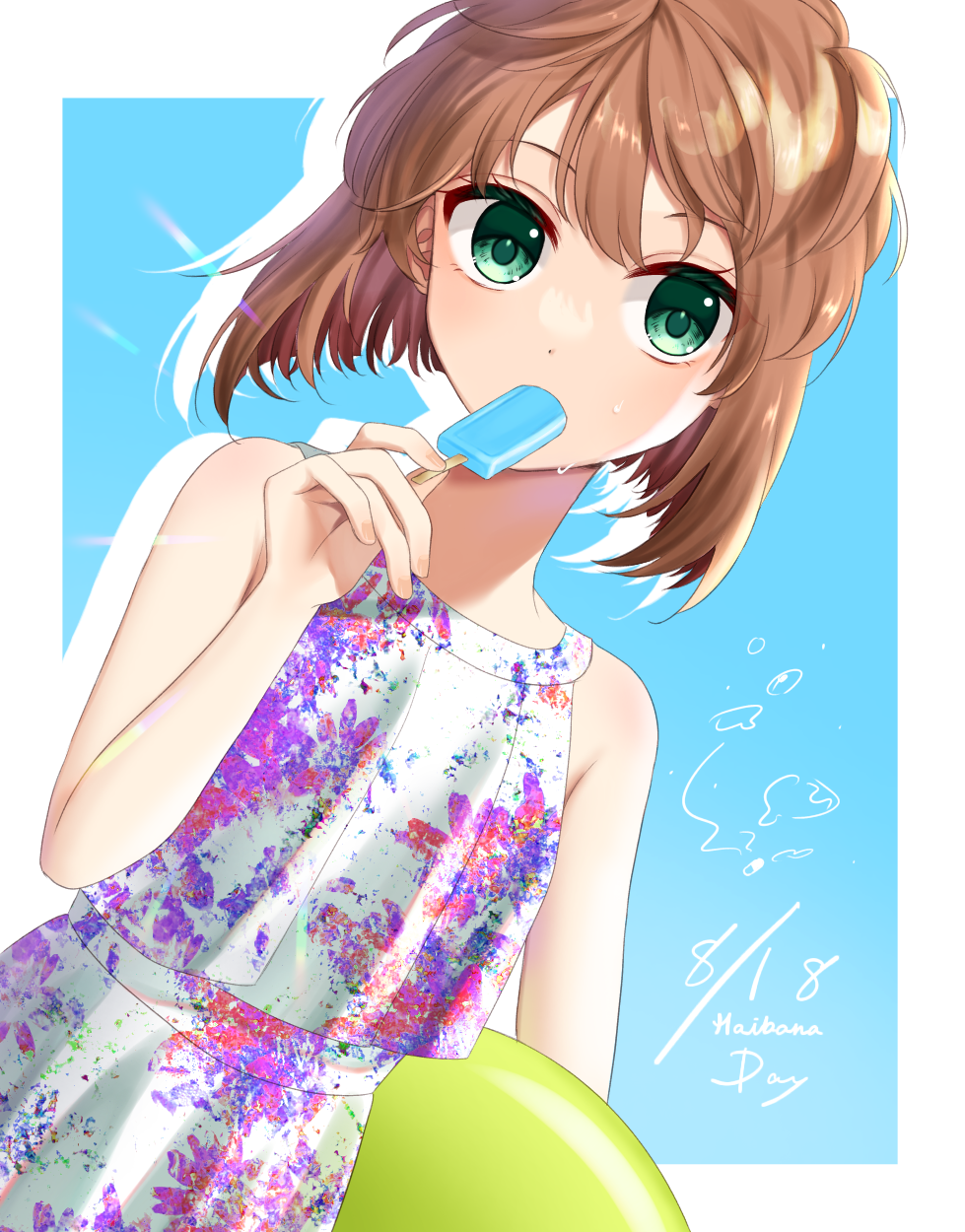 1girl border brown_hair character_name dress food green_eyes haibara_ai highres looking_at_viewer medium_hair meitantei_conan popsicle print_dress shinomono921 shiny shiny_hair sleeveless sleeveless_dress solo straight_hair sweatdrop white_border