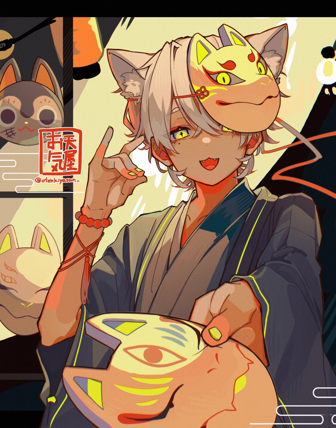 1boy :3 :d amenochi_hare bead_bracelet beads bracelet fangs foreshortening fox_mask fox_shadow_puppet highres holding holding_mask japanese_clothes jewelry looking_at_viewer male_focus mask mask_on_head mole mole_under_eye original reaching_out short_hair smile solo twitter_username upper_body white_hair yellow_eyes yellow_nails