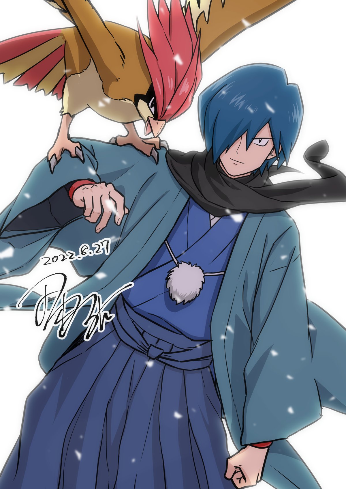 1boy bangs bird blue_hair blue_kimono clenched_hand closed_mouth commentary_request dated falkner_(pokemon) floating_scarf hair_over_one_eye hakama hakama_skirt hand_up haori highres jacket japanese_clothes kimono looking_at_viewer male_focus one-hour_drawing_challenge open_clothes open_jacket pidgeotto pokemon pokemon_on_arm scarf short_hair signature skirt tamura_(kouititamura) white_background