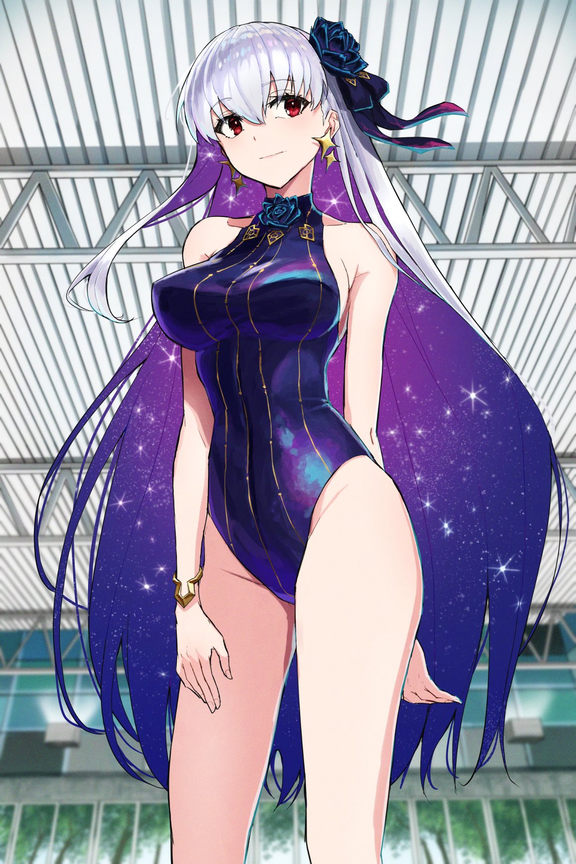 1girl alternate_costume armpit_crease bare_legs bare_shoulders blue_bow blue_hair bow bracelet breasts closed_mouth commentary competition_swimsuit cowboy_shot earrings fate/grand_order fate_(series) flower from_below gold_bracelet grey_hair hair_bow hair_flower hair_ornament head_tilt highres indoors jewelry kama_(fate) kama_(swimsuit_avenger)_(fate) kama_(third_ascension)_(fate) kamo_ashi large_breasts light_smile long_hair multicolored_hair one-piece_swimsuit red_eyes smile solo standing star_(symbol) star_earrings starry_hair swimsuit two-tone_hair very_long_hair white_hair