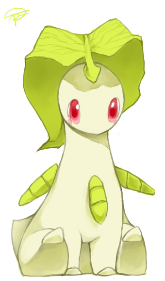 animal_focus artist_name bayleef blush blush_stickers claws commentary english_commentary full_body green_theme leaf looking_at_viewer no_humans pokemon pokemon_(creature) puddingx2 red_eyes signature simple_background sitting solo white_background