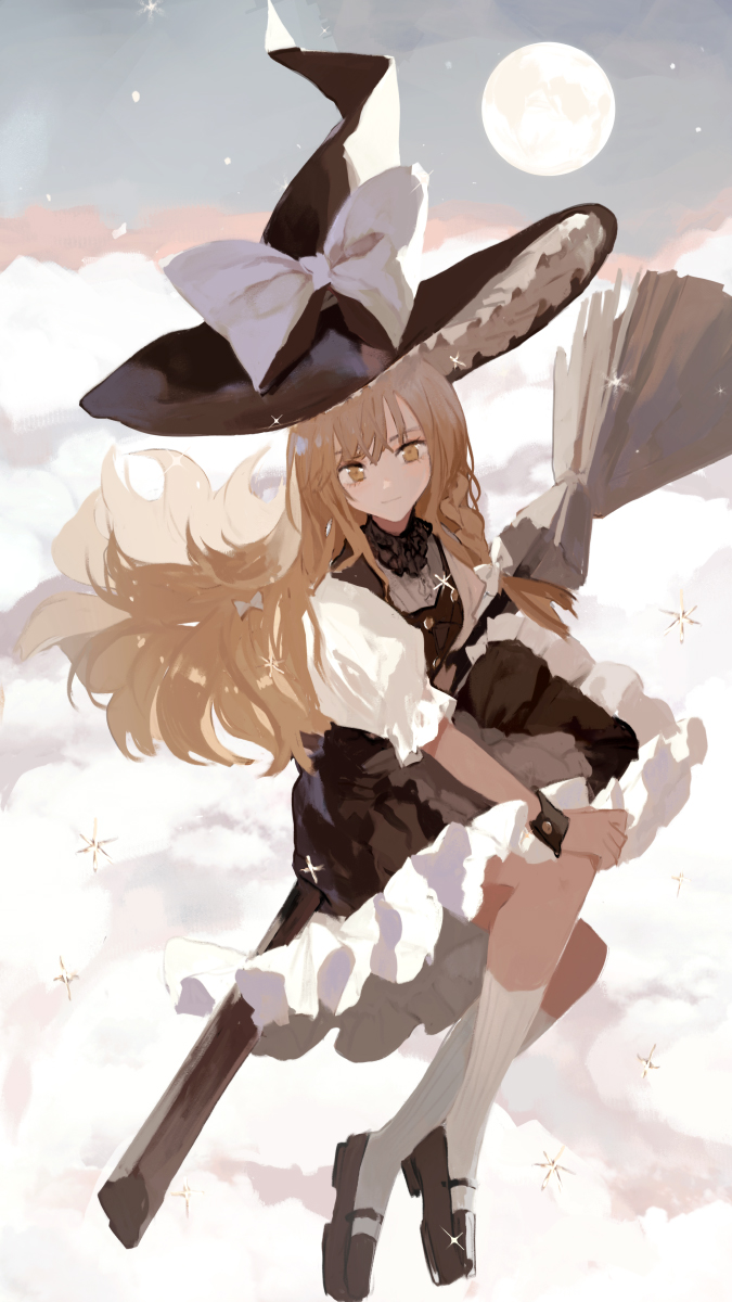 1girl above_clouds asahiro bangs black_footwear black_headwear black_skirt black_vest blonde_hair bow broom broom_riding closed_mouth clouds commentary expressionless frilled_skirt frills full_body full_moon grey_sky hair_bow hand_on_own_knee hat hat_bow highres kirisame_marisa long_hair looking_at_viewer mary_janes moon puffy_short_sleeves puffy_sleeves shirt shoes short_sleeves skirt socks solo touhou vest white_bow white_shirt white_socks witch_hat wristband yellow_eyes