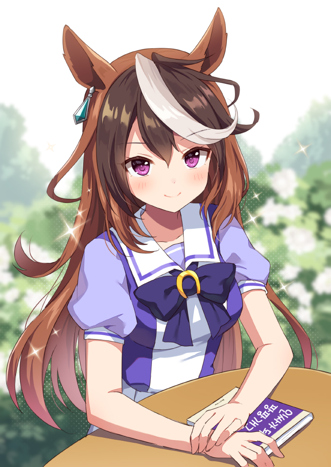1girl blurry blurry_background book brown_hair commentary_request looking_at_viewer mauve multicolored_hair school_uniform short_sleeves sitting smile solo streaked_hair symboli_rudolf_(umamusume) tracen_school_uniform umamusume violet_eyes white_hair