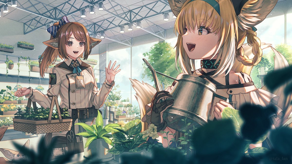 2girls :d animal_ear_fluff animal_ears arknights bangs bare_shoulders belt belt_buckle black_belt blonde_hair blue_bow blue_hairband blue_sky blurry blurry_foreground bow braid breasts brown_eyes brown_hair buckle clouds collared_shirt commentary_request day depth_of_field diagonal-striped_bow fox_ears fox_girl fox_tail hair_between_eyes hair_bow hair_rings hairband high_ponytail holding indoors jacket kitsune long_hair long_sleeves multicolored_hair multiple_girls perfumer_(arknights) plant ponytail shirt shopping_basket sky small_breasts smile streaked_hair suzuran_(arknights) tail tanagawa_makoto watering_can white_hair white_jacket white_shirt