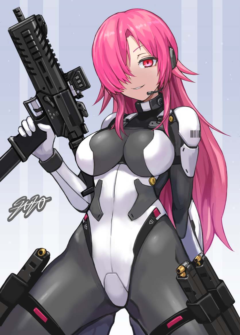 1girl assault_rifle barcode bodysuit breasts commission gun hair_over_one_eye headset holding holding_gun holding_weapon long_hair looking_at_viewer magazine_(weapon) medium_breasts original pink_eyes pink_hair rifle science_fiction signature skeb_commission skin_tight solo sunao_(70_the) thigh_strap trigger_discipline weapon weapon_request