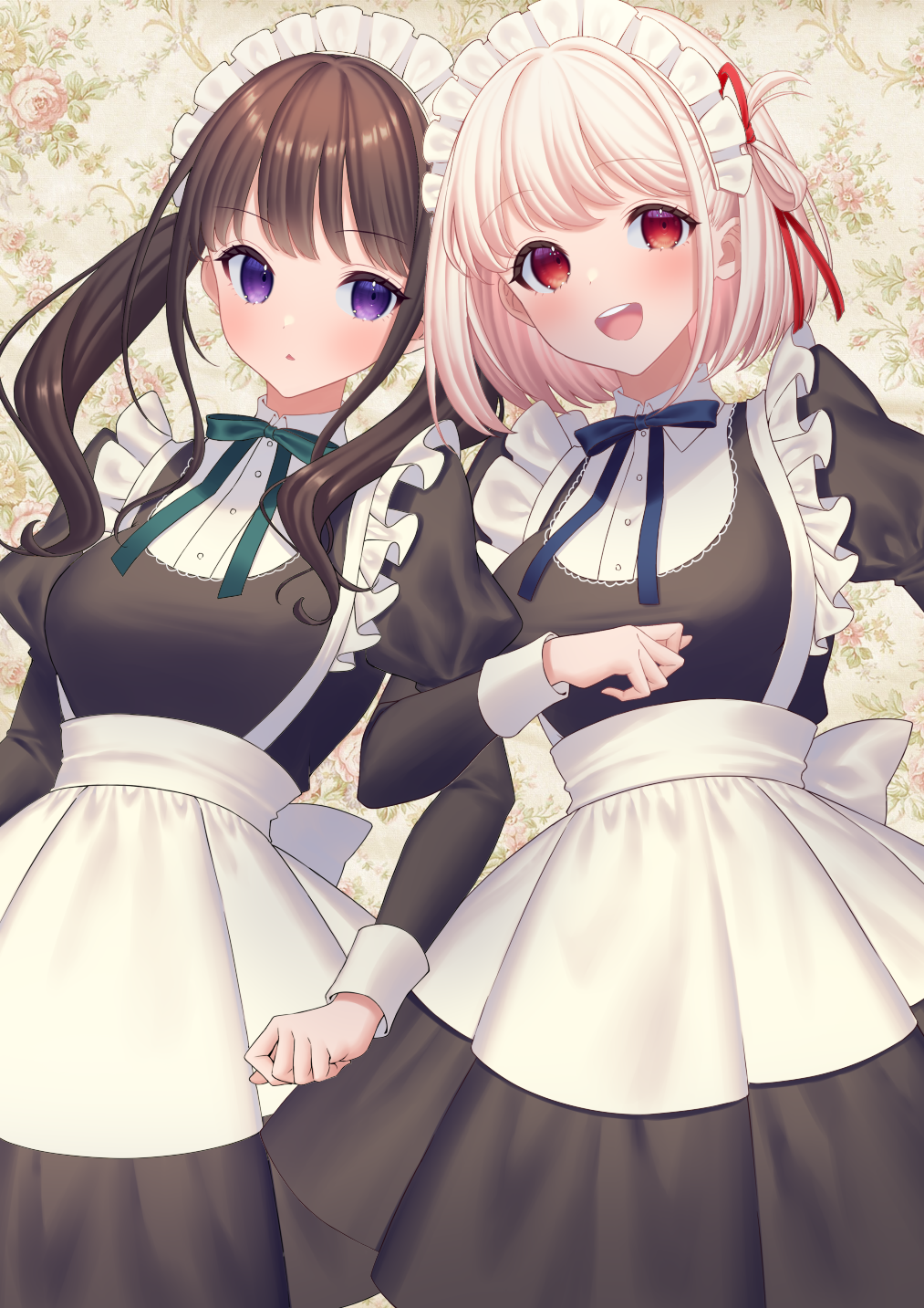 2girls :d alternate_costume apron bangs black_dress black_hair blonde_hair blue_bow blush bow breasts collared_dress commentary_request dress enmaided floral_background green_bow highres inoue_takina juliet_sleeves locked_arms long_hair long_sleeves lycoris_recoil maid maid_headdress medium_breasts multiple_girls nishikigi_chisato parted_lips pleated_dress puffy_sleeves purple_hair red_eyes sakura_shiho smile twintails white_apron