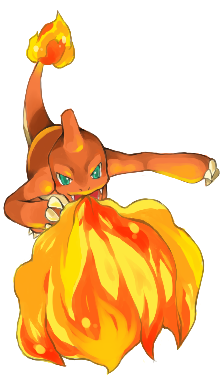 animal_focus aqua_eyes arm_up breathing_fire charmeleon claws commentary english_commentary fangs fire flame-tipped_tail from_above hand_up highres no_humans open_mouth orange_theme outstretched_arm pokemon pokemon_(creature) puddingx2 simple_background solo standing white_background