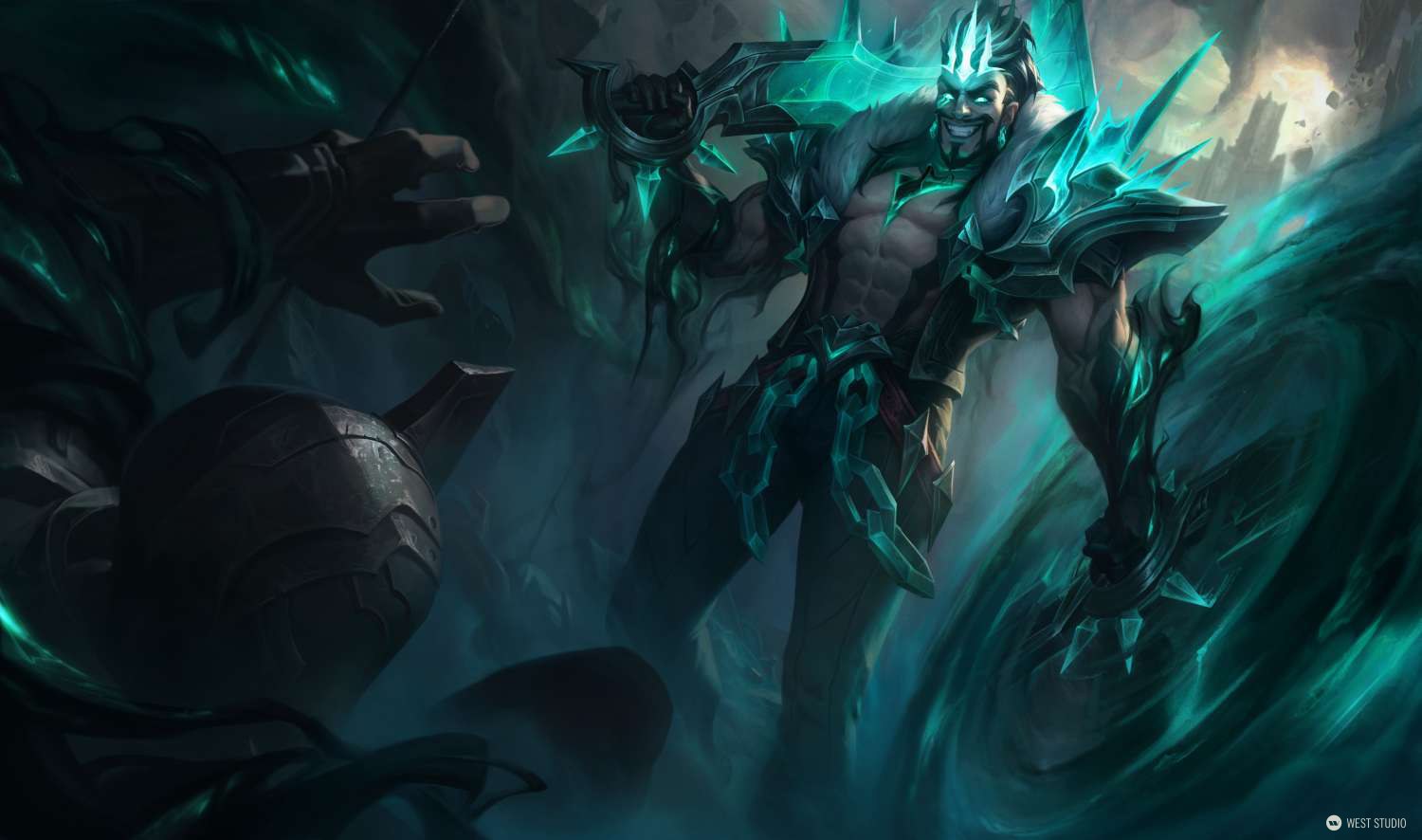 1boy abs artist_logo axe bad_source beard biceps chain coat crown draven facial_hair gauntlets glowing glowing_eyes green_eyes green_smoke league_of_legends logo looking_at_another male_focus manly mature_male muscular muscular_male mustache no_shirt official_art over_shoulder pants pectorals ruined_draven short_hair smile smoke solo teeth thick_arms thick_eyebrows weapon weapon_over_shoulder west_studio