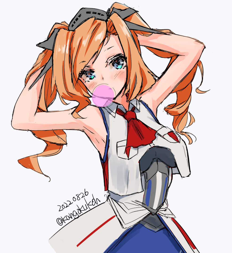 1girl arms_behind_head ascot blonde_hair blue_dress blue_eyes breast_pocket breasts bubble_blowing chewing_gum cowboy_shot dress drill_hair honolulu_(kancolle) kangoku_kou kantai_collection large_breasts long_hair military military_uniform one-hour_drawing_challenge pocket red_ascot shirt sleeveless sleeveless_jacket sleeveless_shirt solo twin_drills twintails uniform
