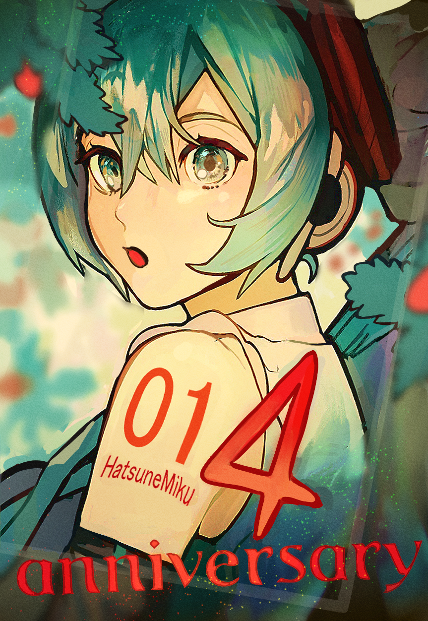 1girl :o anniversary aqua_eyes aqua_hair aqua_theme black_sleeves blurry blurry_background character_name depth_of_field detached_sleeves from_side hair_between_eyes hatsune_miku headset highres looking_at_viewer looking_back mistletoe nunosei shirt sidelocks sleeveless sleeveless_shirt solo twintails upper_body vocaloid