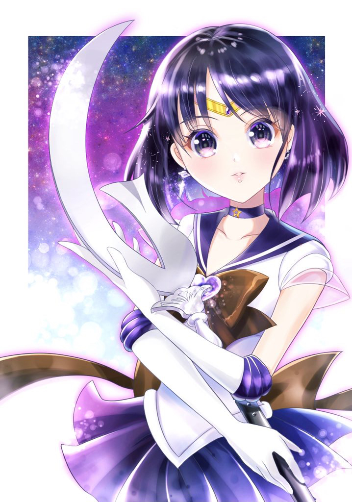 1girl back_bow bishoujo_senshi_sailor_moon black_hair bob_cut bow brooch brown_bow choker circlet collarbone cowboy_shot earrings elbow_gloves gloves heart_brooch itsuki_(flyingpot) jewelry light_particles looking_at_viewer magical_girl parted_lips pleated_skirt purple_background purple_choker purple_sailor_collar purple_skirt sailor_collar sailor_saturn sailor_senshi_uniform short_hair silence_glaive skirt solo standing star_(symbol) star_choker super_sailor_saturn tomoe_hotaru violet_eyes white_gloves