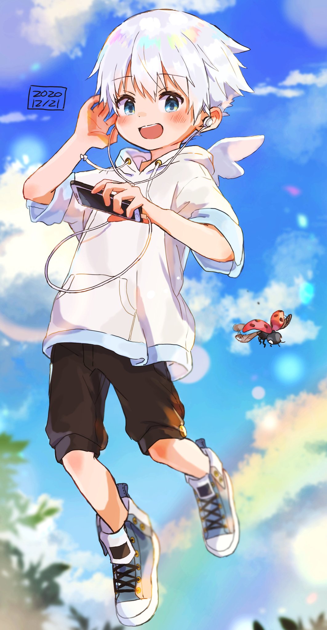 1boy bangs brown_shorts bug cellphone child clouds cloudy_sky commentary_request far_tarooo hand_on_ear headphones highres holding holding_phone hood hoodie jumping ladybug looking_at_viewer male_child male_focus original phone shoes shorts sky smartphone sneakers solo teeth upper_teeth white_hair white_hoodie