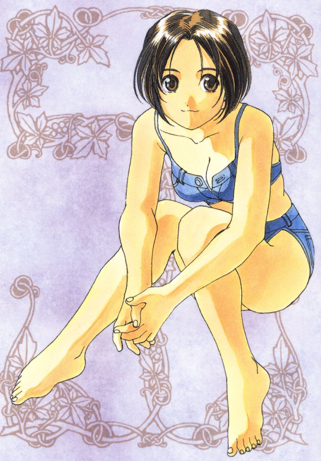 1990s_(style) aa_megami-sama background_art bare_legs barefoot bikini bikini_top breasts brown_eyes brown_hair button cleavage collarbone hair_between_eyes hands_clasped knees_together_feet_apart knees_up medium_breasts morisato_megumi official_art short_hair sitting smiling smiling_at_viewer swimsuit thighs to1girl