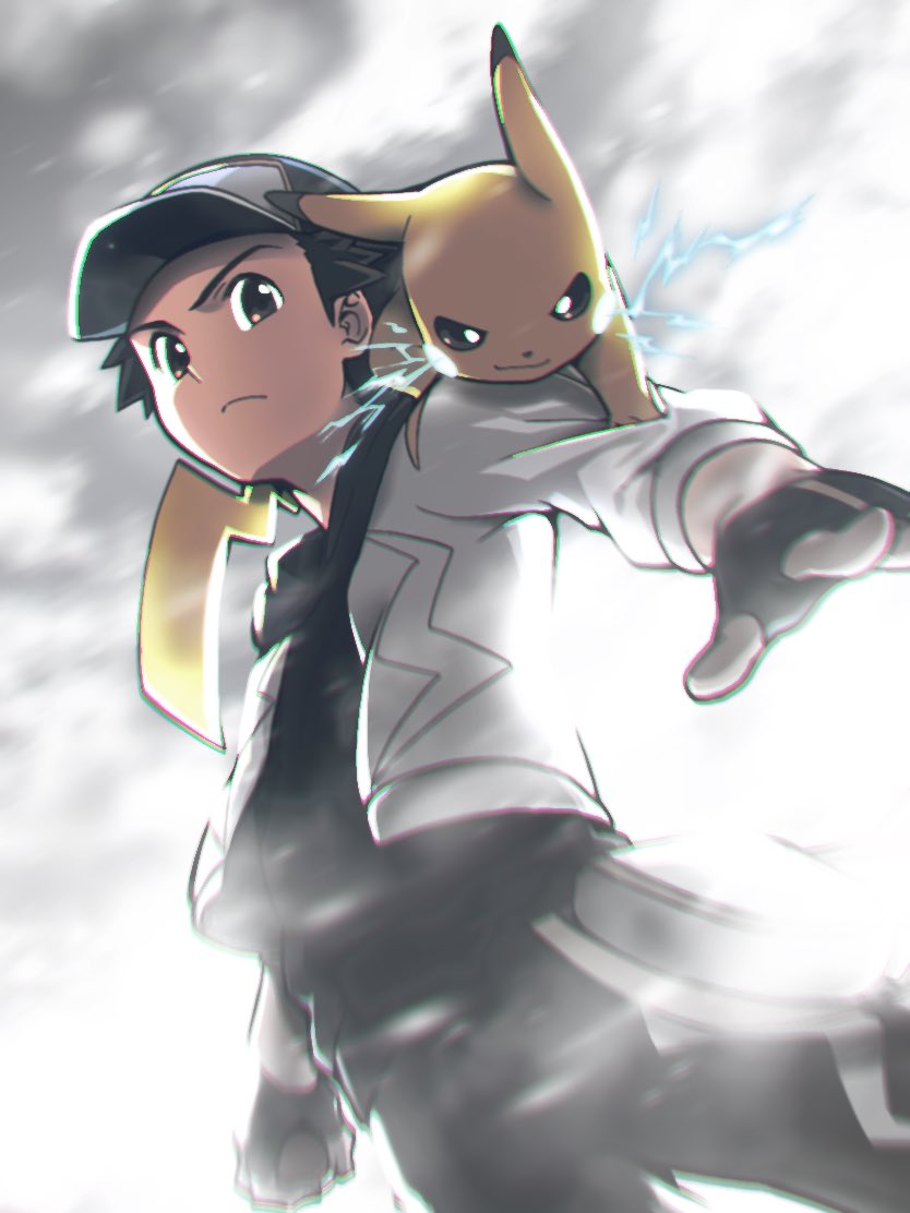 1boy baseball_cap black_gloves black_headwear blurry brown_eyes chromatic_aberration closed_mouth commentary_request electricity fingerless_gloves from_below frown gloves hat holding holding_poke_ball jacket male_focus nagi_(exsit00) official_alternate_costume on_shoulder open_clothes open_jacket pants pikachu poke_ball pokemon pokemon_(creature) pokemon_(game) pokemon_masters_ex pokemon_on_shoulder red_(pokemon) short_hair white_jacket