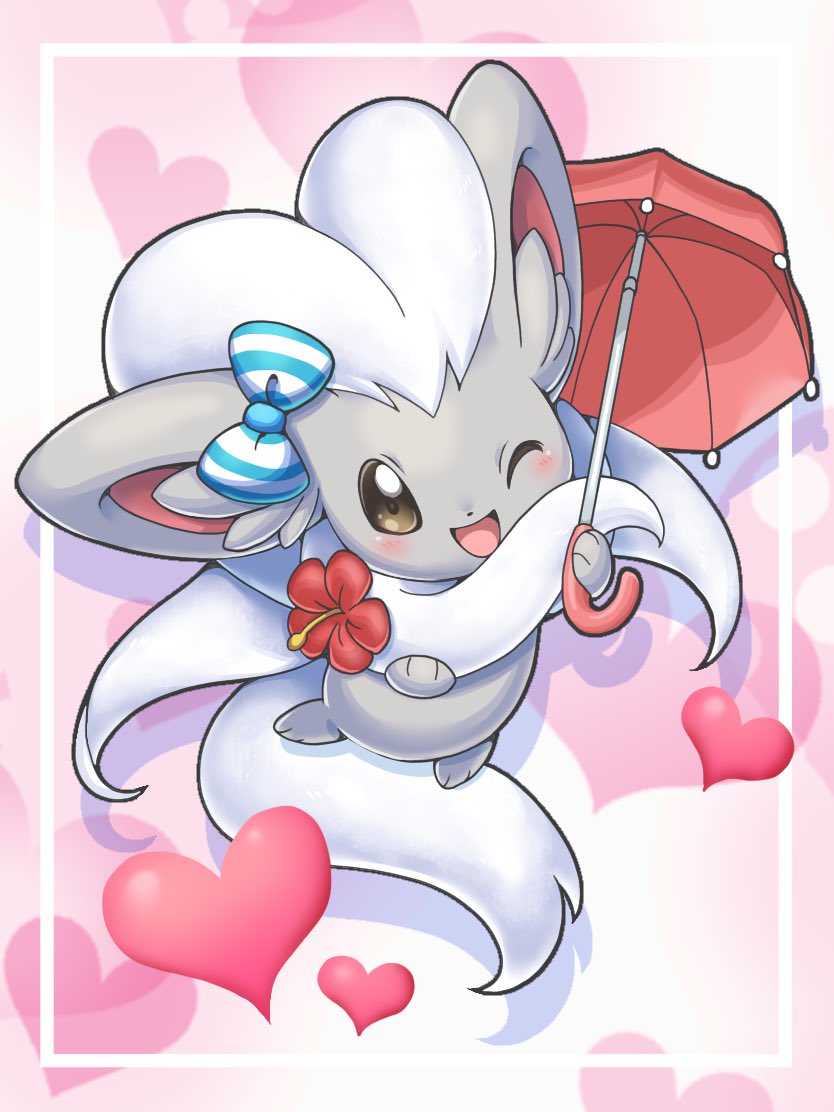 ;d blush brown_eyes cinccino commentary_request framed full_body happy heart holding holding_umbrella nagi_(exsit00) no_humans one_eye_closed open_mouth pokemon pokemon_(creature) smile solo umbrella