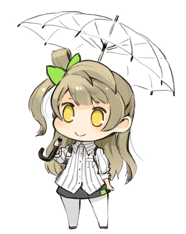 1girl bow brown_hair chibi closed_mouth full_body hair_bow long_hair love_live! love_live!_school_idol_project minami_kotori mota one_side_up simple_background skirt smile solo standing umbrella white_background yellow_eyes
