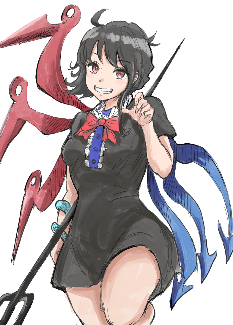 1girl asymmetrical_wings black_dress black_hair bow bowtie dress grin houjuu_nue kashiwada_kiiho polearm red_bow red_bowtie red_eyes red_wings short_dress smile snake solo touhou trident weapon wings wristband