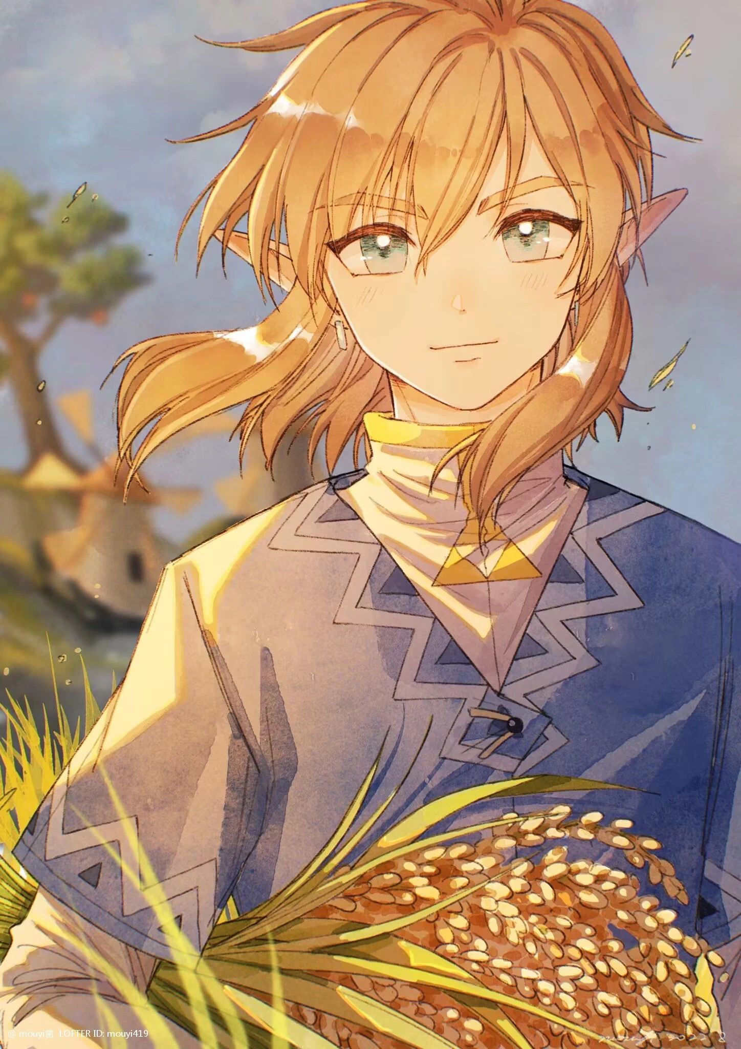 1boy blonde_hair blue_eyes blurry blurry_background closed_mouth clouds cloudy_sky commentary_request day earrings highres holding holding_plant jewelry link looking_at_viewer male_focus mouyi outdoors plant pointy_ears single_earring sky the_legend_of_zelda the_legend_of_zelda:_breath_of_the_wild tree wheat wheat_field wind windmill
