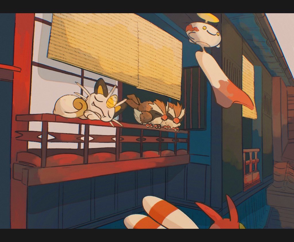 animal_focus balcony bird chimecho closed_eyes closed_mouth commentary_request day fangs fangs_out letterboxed meowth outdoors pidgey pokemon sleeping smile unitako_(unitacowow) yanma