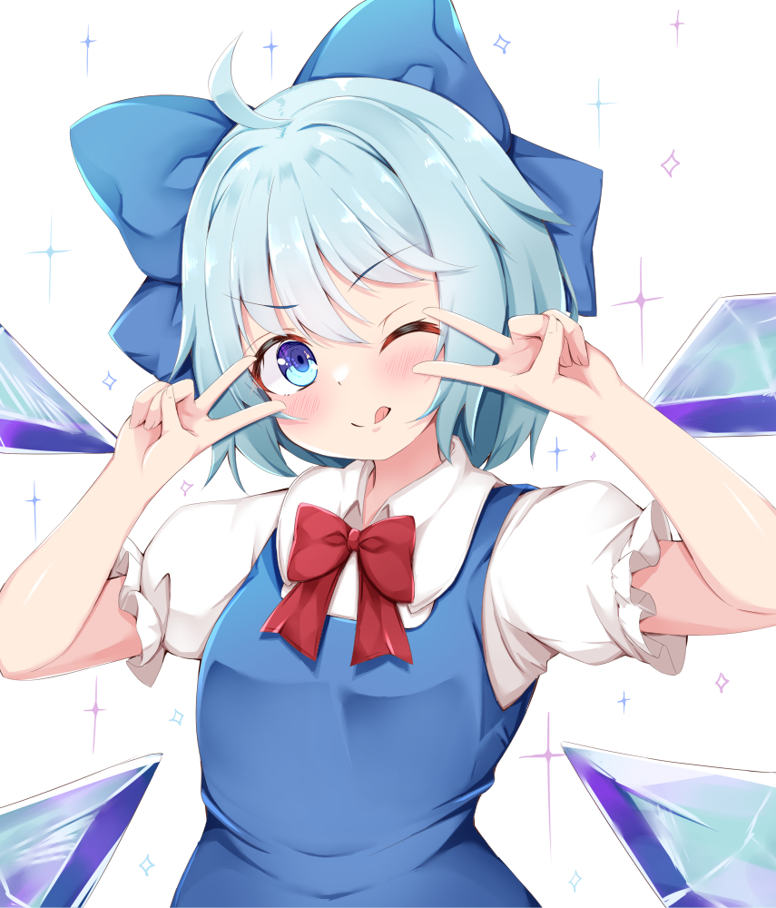 1girl ;q blue_bow blue_dress blue_hair bow cirno dress hair_bow ice ice_wings looking_at_viewer one_eye_closed rururiaru short_hair solo tongue tongue_out touhou wings