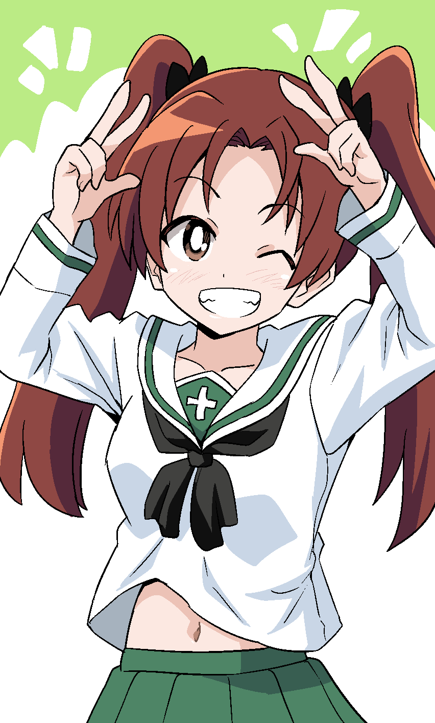 1girl arms_up bangs black_bow black_neckerchief blouse blush bow bright_pupils brown_eyes brown_hair commentary double_w girls_und_panzer green_skirt grin hair_bow highres kadotani_anzu long_hair long_sleeves looking_at_viewer midriff_peek navel neckerchief one_eye_closed ooarai_school_uniform parted_bangs pleated_skirt ponzu_rui sailor_collar school_uniform serafuku shirt skirt smile standing twintails w white_pupils white_sailor_collar white_shirt