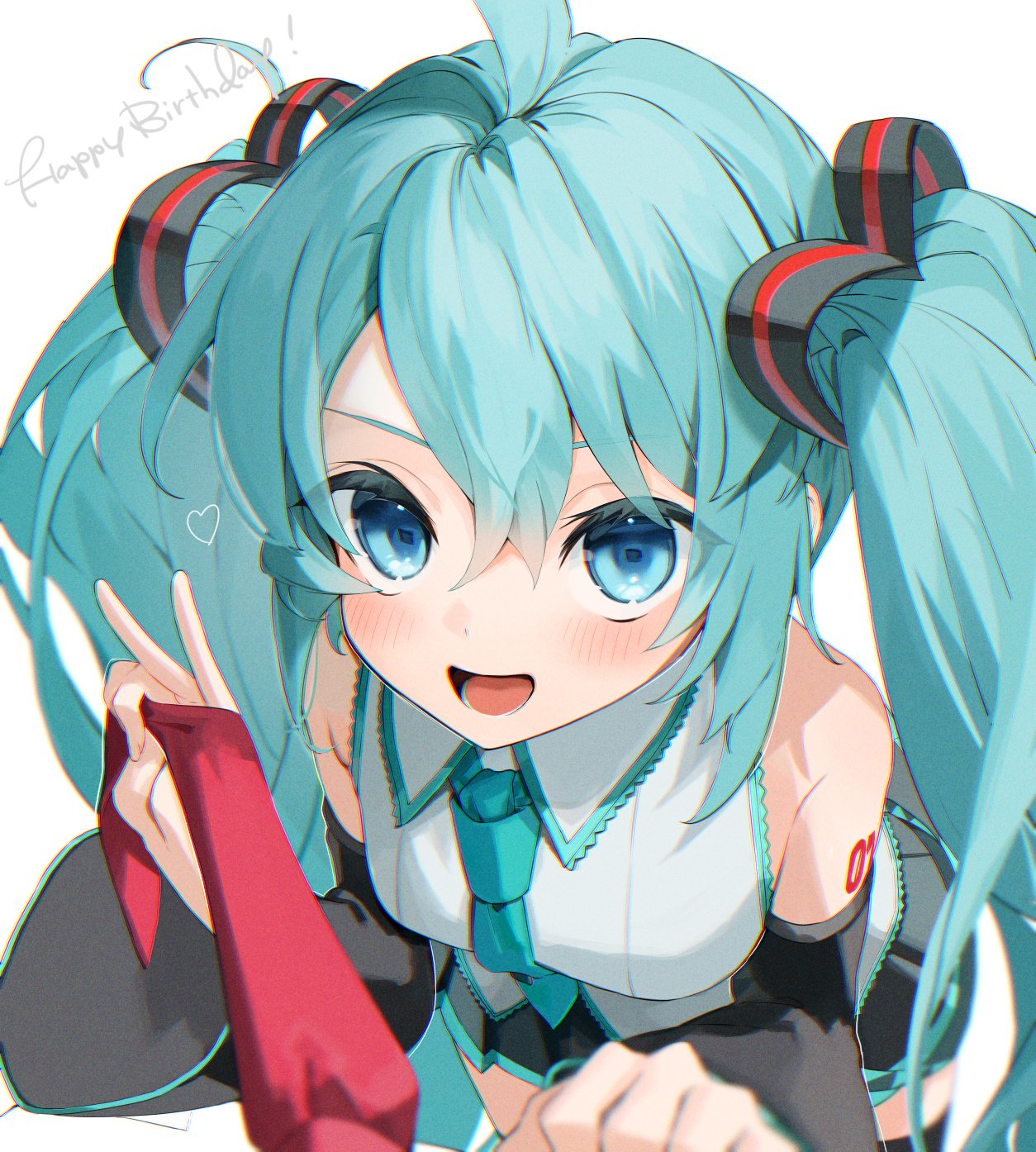 1girl ahoge bangs bare_shoulders black_skirt black_thighhighs blue_eyes blue_hair blue_necktie blush breasts collared_shirt commentary_request detached_sleeves english_text fingernails gotoh510 grey_shirt hair_between_eyes hair_ornament hands_up hatsune_miku heart heart_hair_ornament highres long_fingernails long_hair long_sleeves looking_at_viewer medium_breasts necktie number_tattoo numbered open_mouth red_necktie shirt simple_background skirt smile solo square_pupils tattoo teeth thigh-highs tongue twintails v vocaloid white_background wide_sleeves