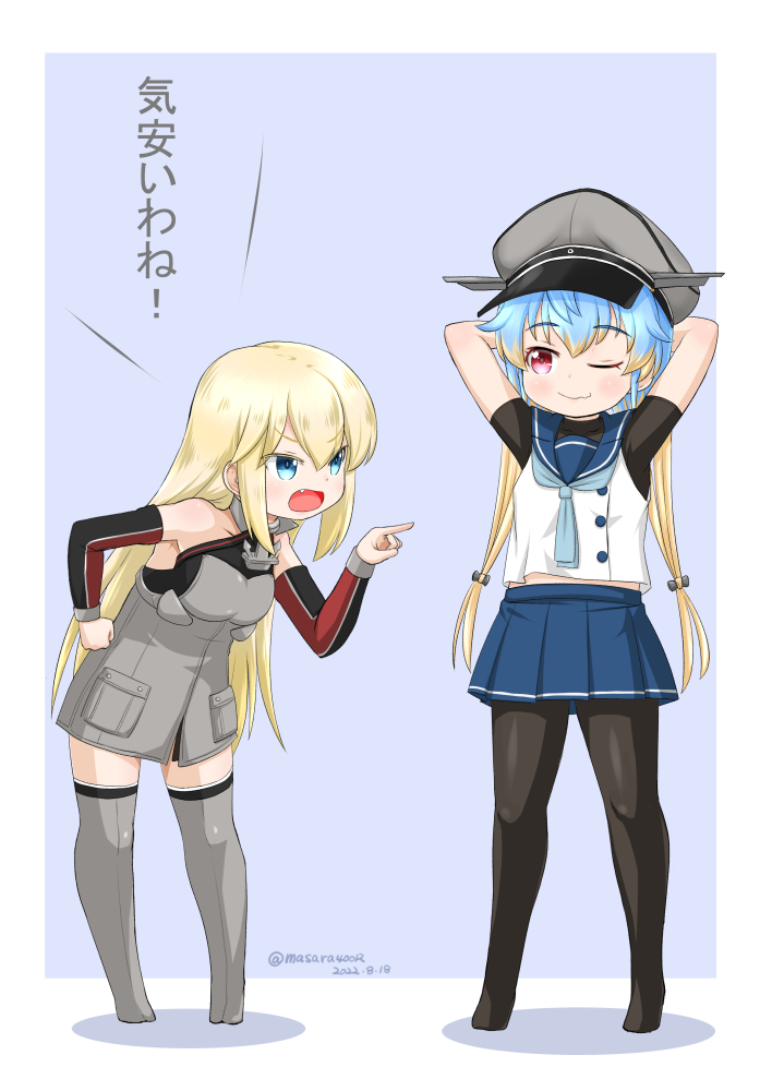 2girls bismarck_(kancolle) black_pantyhose blonde_hair blue_eyes blue_hair blue_neckerchief blue_skirt commentary_request detached_sleeves dress fang full_body gloves gradient_hair grey_dress grey_headwear grey_thighhighs hat kantai_collection long_hair masara_(chuujou) military military_uniform multicolored_hair multiple_girls neckerchief one_eye_closed pantyhose peaked_cap pleated_skirt pointing red_eyes sado_(kancolle) school_uniform serafuku shirt skin_fang skirt sleeveless sleeveless_shirt standing thigh-highs translation_request undershirt uniform white_gloves younger