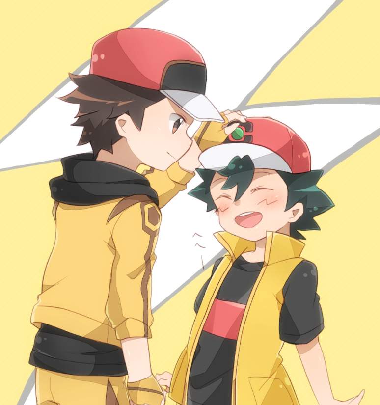 2boys alternate_color ash_ketchum bangs baseball_cap black_shirt brown_eyes brown_hair closed_eyes closed_mouth commentary_request fingerless_gloves gloves hand_up hat headpat jacket male_focus miu_(chuyu825) multiple_boys official_alternate_costume open_mouth pokemon pokemon_(game) pokemon_masters_ex red_(pokemon) red_headwear shirt short_hair short_sleeves sleeveless sleeveless_jacket smile t-shirt teeth tongue upper_teeth yellow_jacket