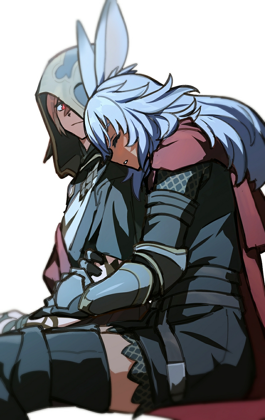 1boy 1girl animal_ears arm_hug armor bangs black_robe blue_hair cape chainmail chinese_commentary closed_eyes commentary_request crystal_exarch feet_out_of_frame final_fantasy final_fantasy_xiv from_side gauntlets greaves highres hood hood_up hooded_robe long_hair looking_at_another lyna_(ff14) miqo'te one_eye_covered parted_lips rabbit_ears red_cape red_eyes redhead robe short_hair simple_background sitting viera white_background wuliu_heihuo